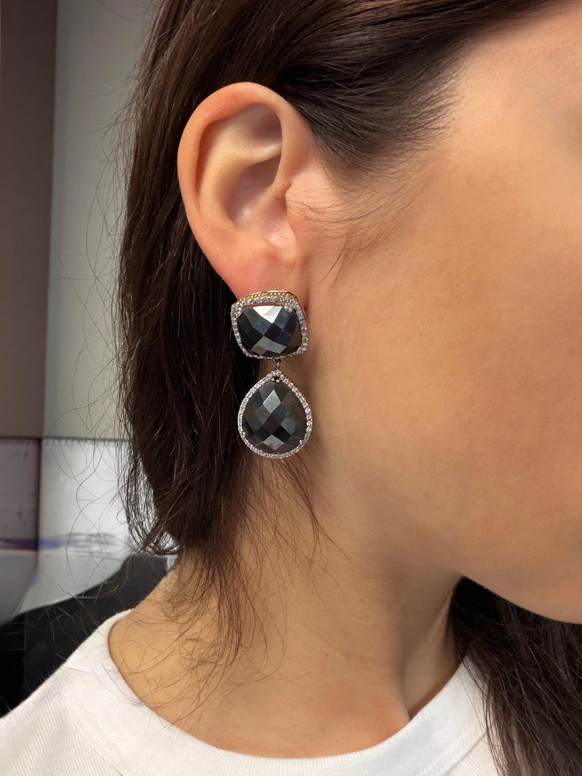 18K White and Yellow Gold Diamond and Checkered Hematite Earrings
