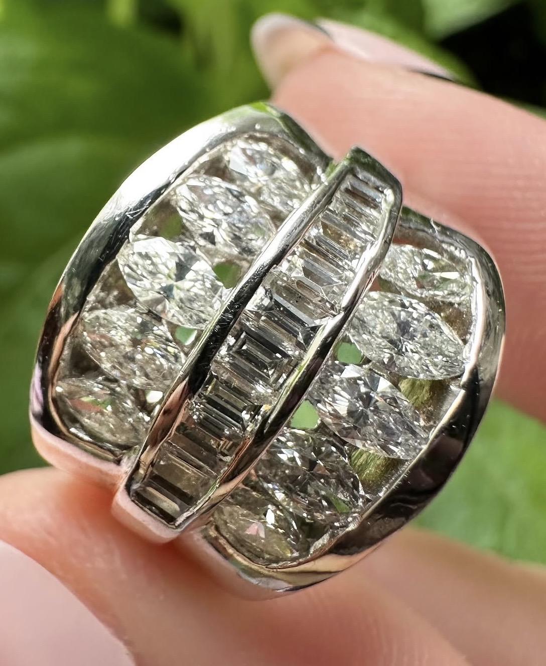 18K White Gold Baguette and Marquise Cut Diamond Wide Band Ring