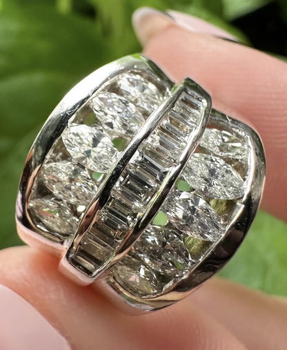 18K White Gold Baguette and Marquise Cut Diamond Wide Band Ring