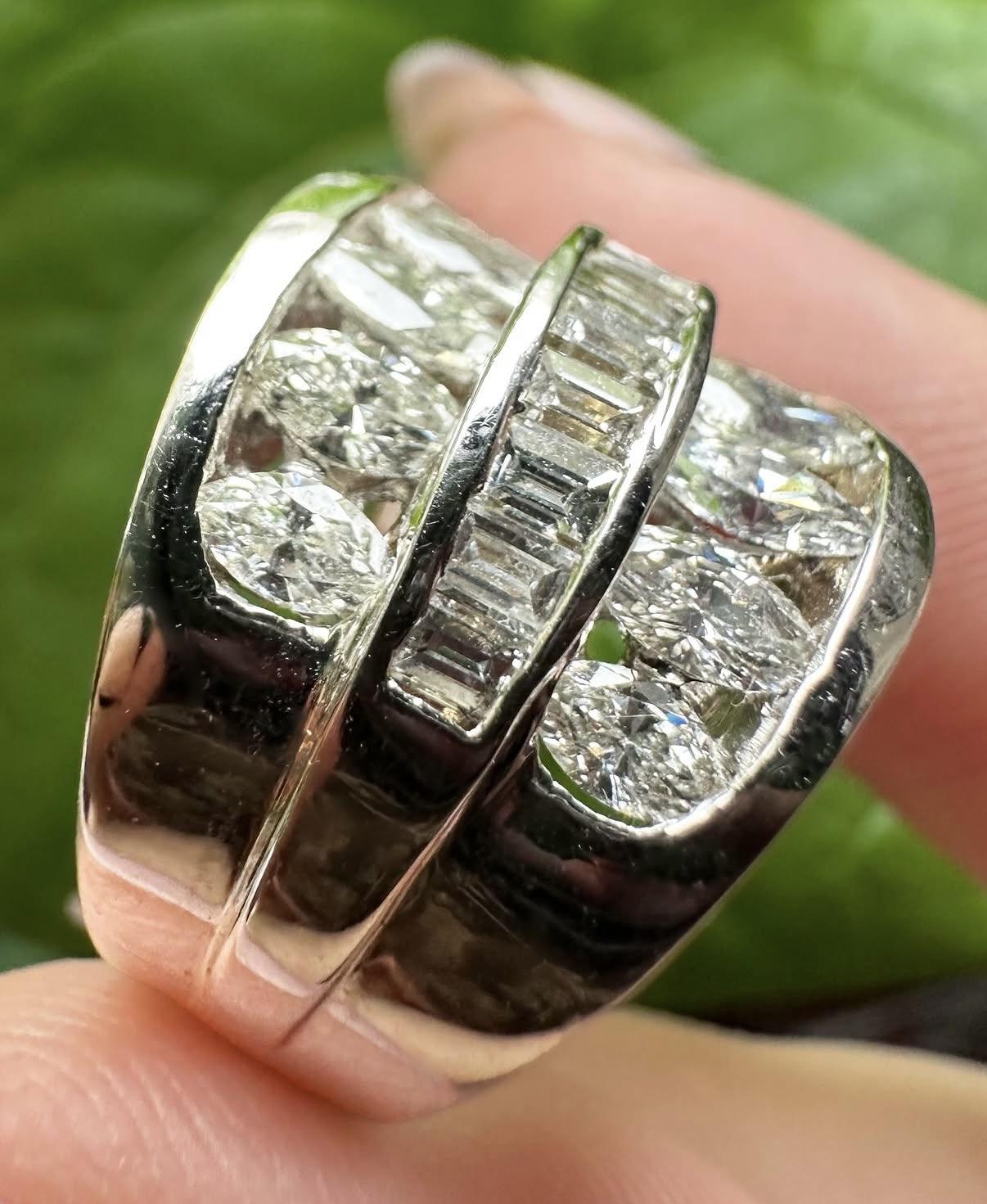 18K White Gold Baguette and Marquise Cut Diamond Wide Band Ring