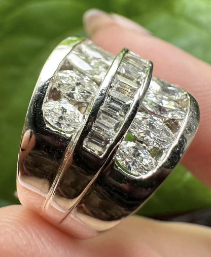18K White Gold Baguette and Marquise Cut Diamond Wide Band Ring