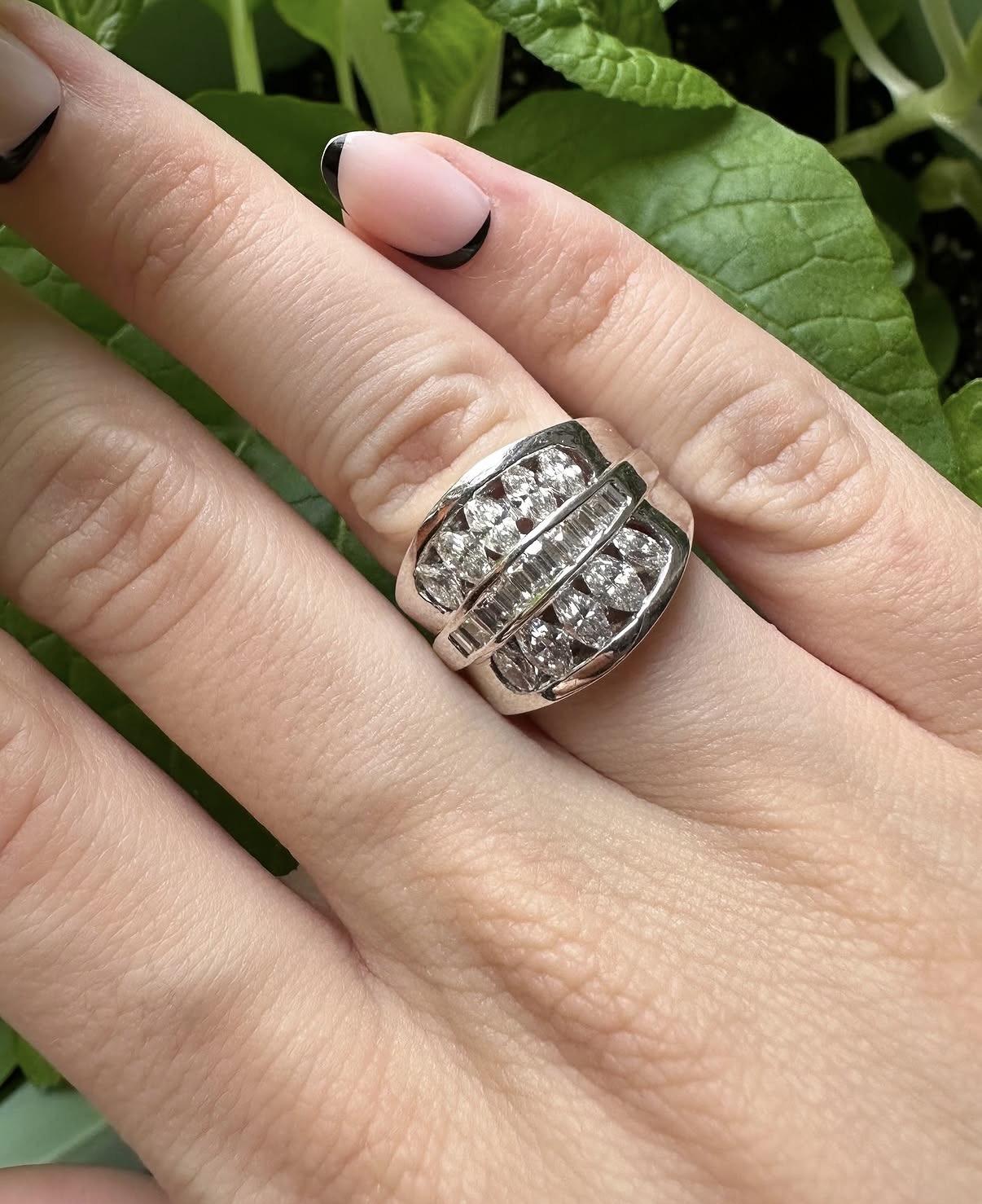 18K White Gold Baguette and Marquise Cut Diamond Wide Band Ring