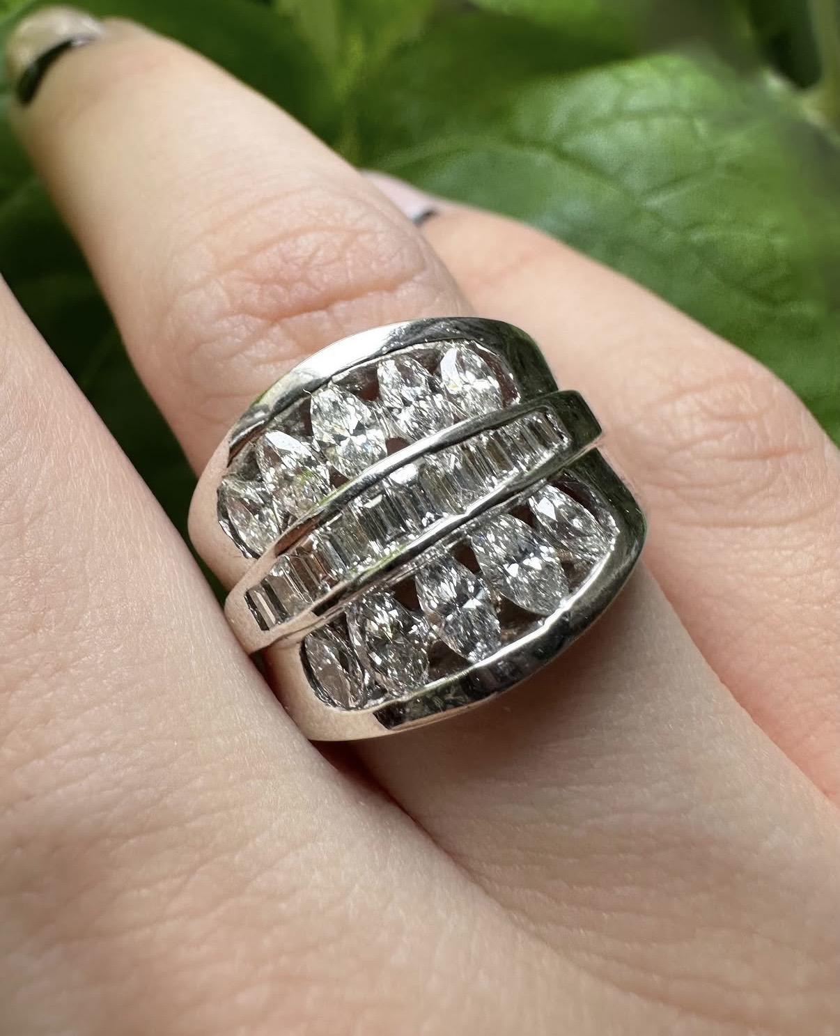 18K White Gold Baguette and Marquise Cut Diamond Wide Band Ring