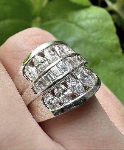 18K White Gold Baguette and Marquise Cut Diamond Wide Band Ring