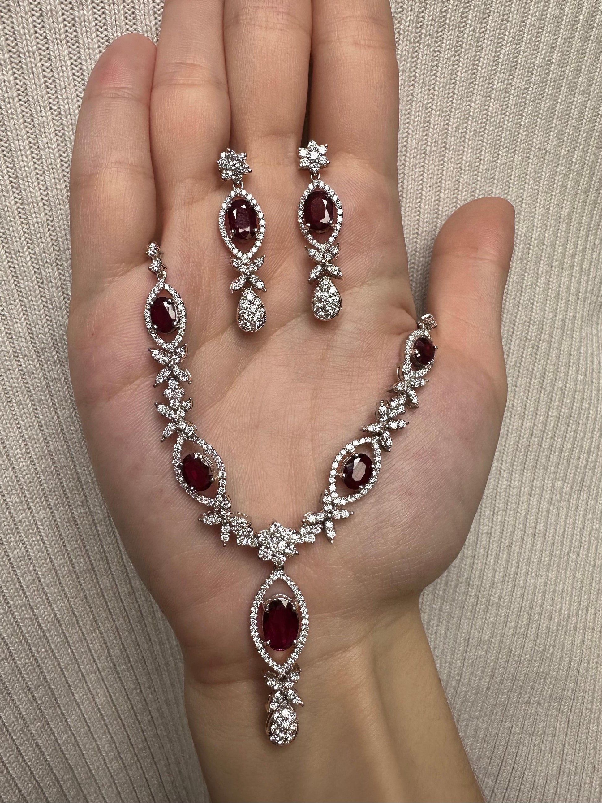 18K White Gold Diamond and Oval Ruby Necklace