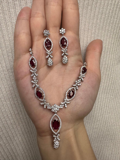 18K White Gold Diamond and Oval Ruby Necklace