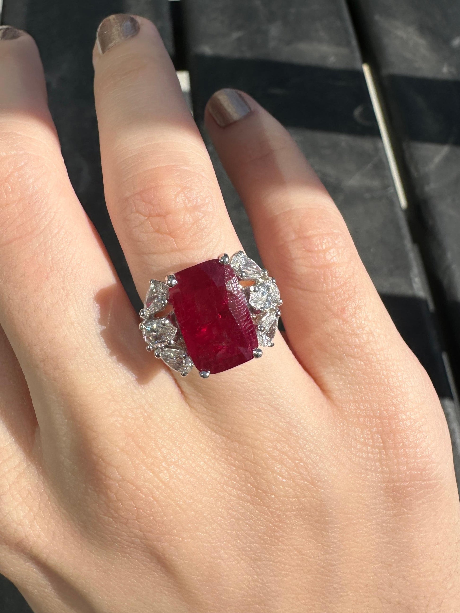 18K White Gold 6.55 Carat Ruby and Pear Cut Diamond Ring - Size 6.25