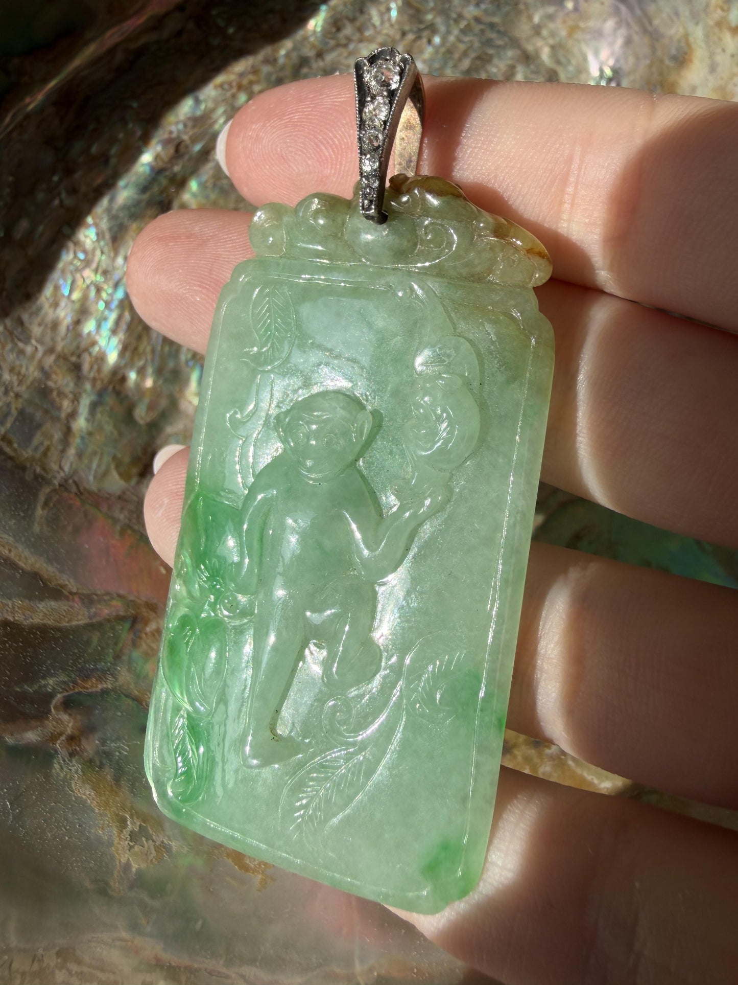 Estate 18K and Silver Carved Burma No Dye Jade and Diamond Pendant w/GIA