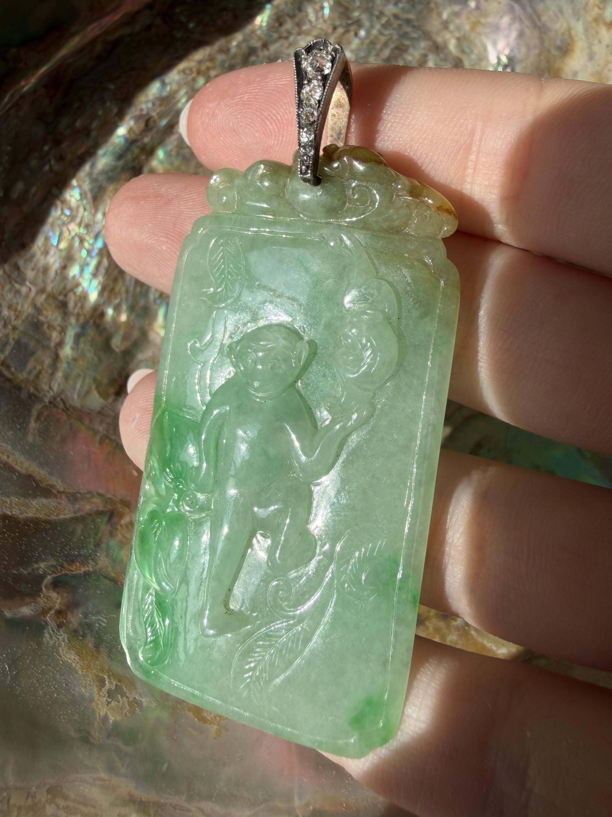 Estate 18K and Silver Carved Burma No Dye Jade and Diamond Pendant w/GIA