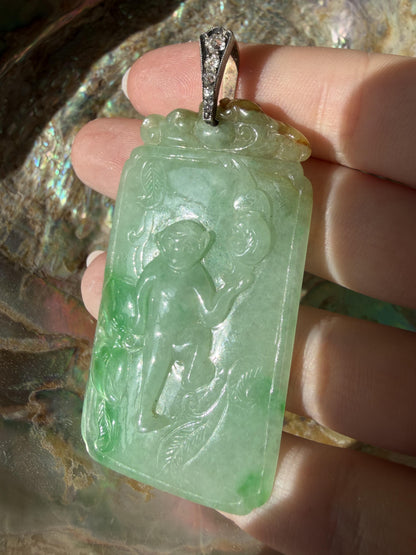 Estate 18K and Silver Carved Burma No Dye Jade and Diamond Pendant w/GIA