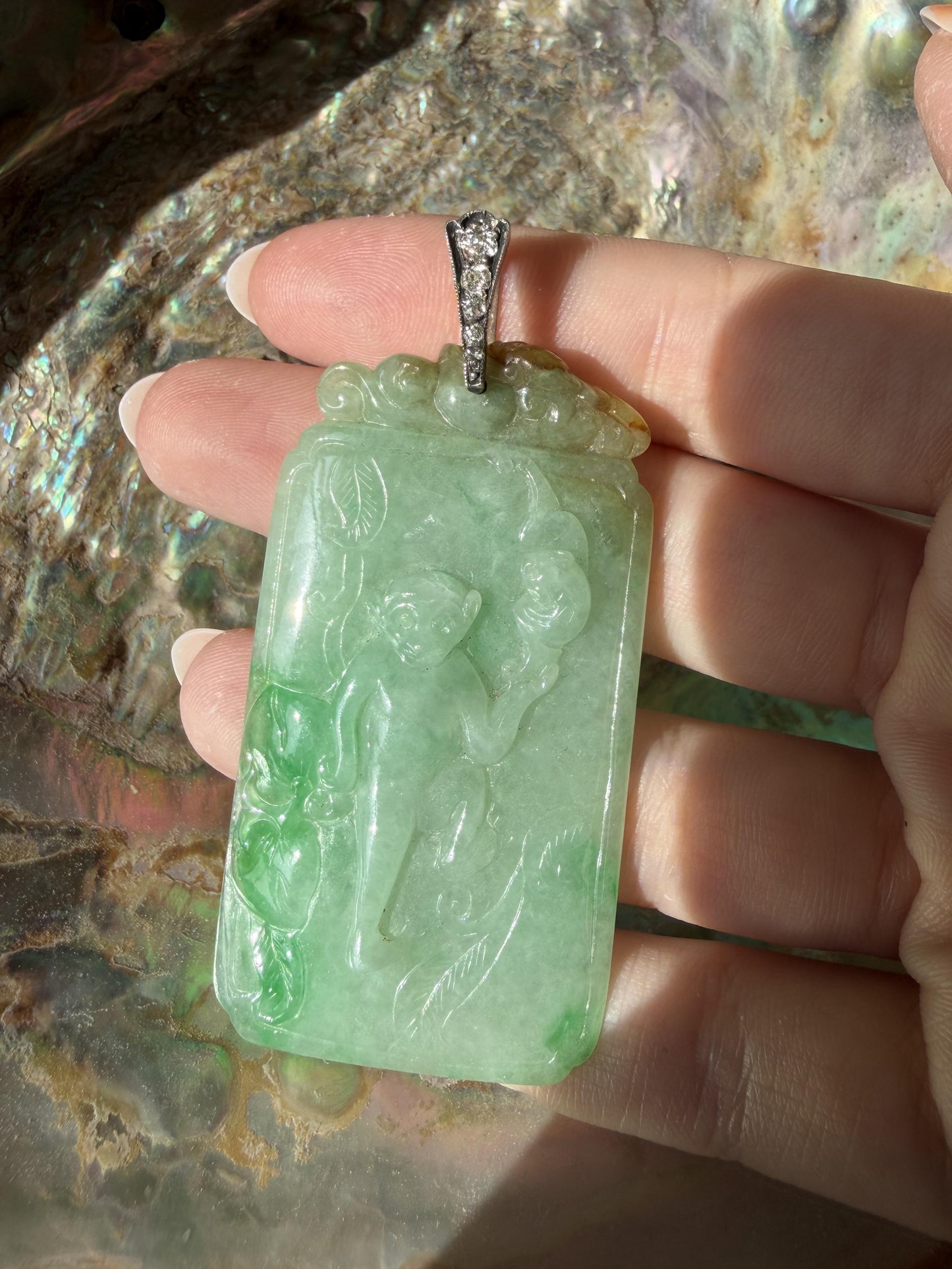 Estate 18K and Silver Carved Burma No Dye Jade and Diamond Pendant w/GIA