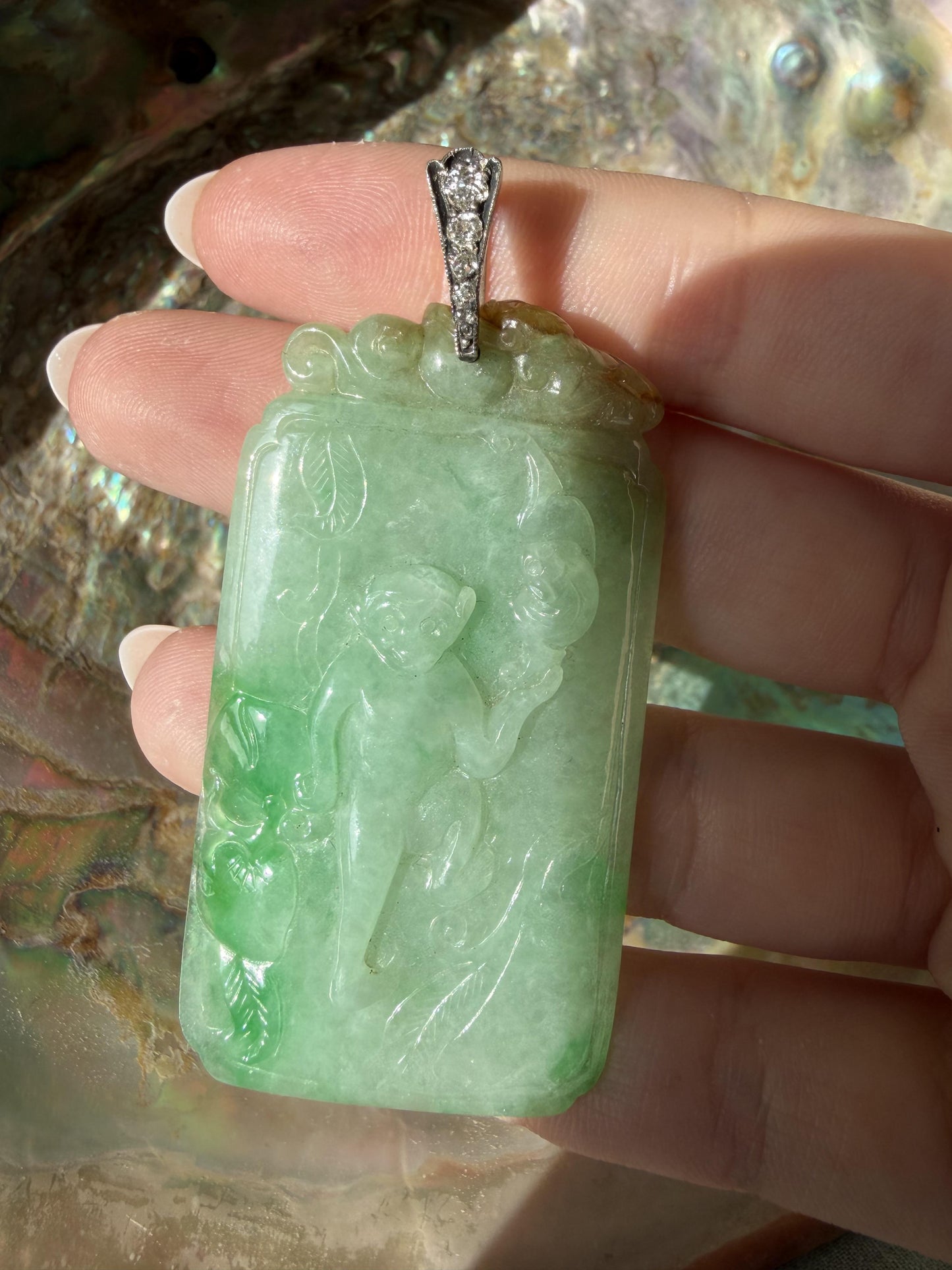 Estate 18K and Silver Carved Burma No Dye Jade and Diamond Pendant w/GIA