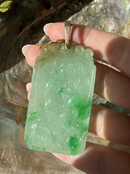Estate 18K and Silver Carved Burma No Dye Jade and Diamond Pendant w/GIA