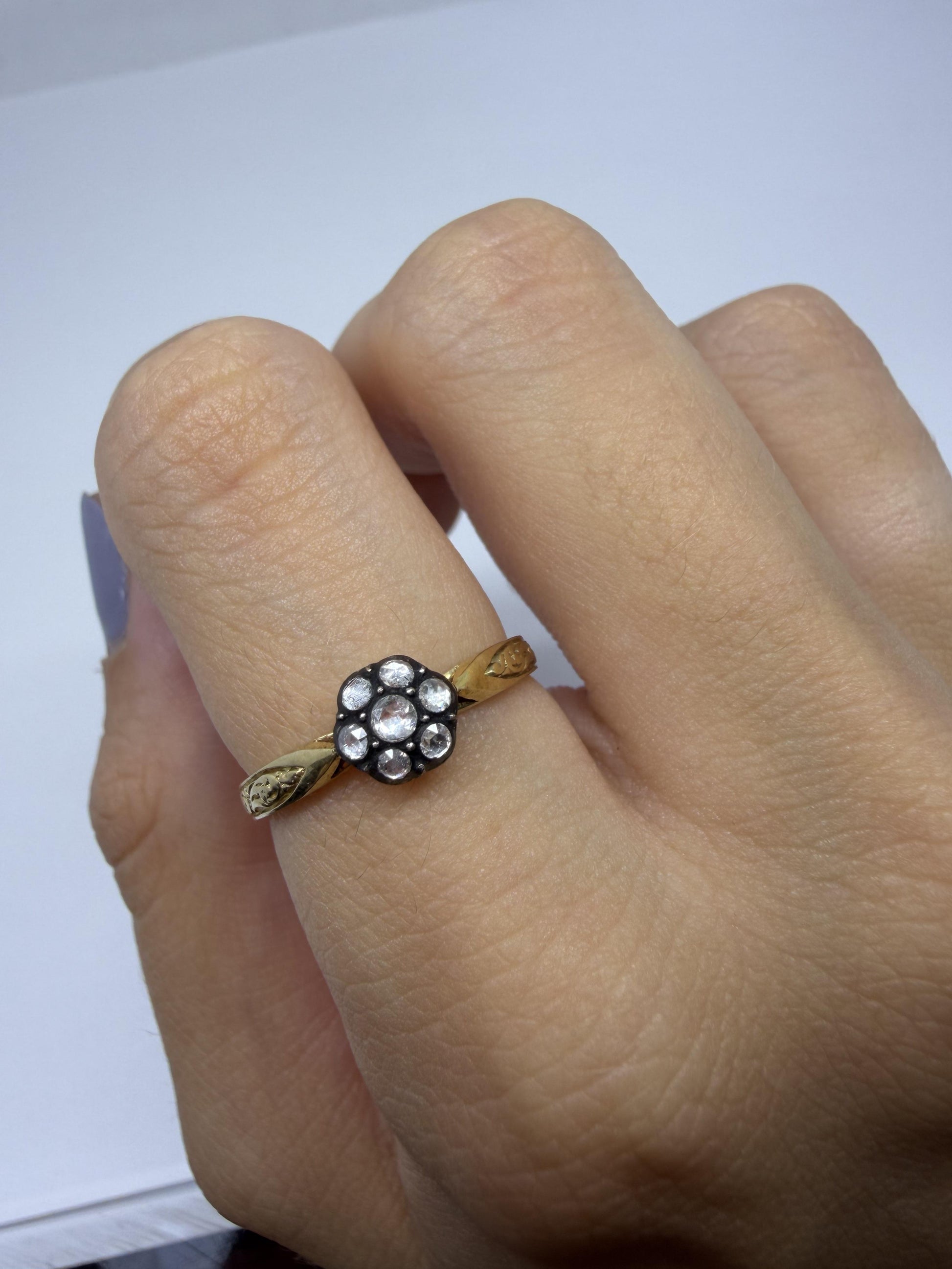 18K Yellow Gold With Silver Top 0.16 Carat Rose Cut Diamond Ring - Size 7.25