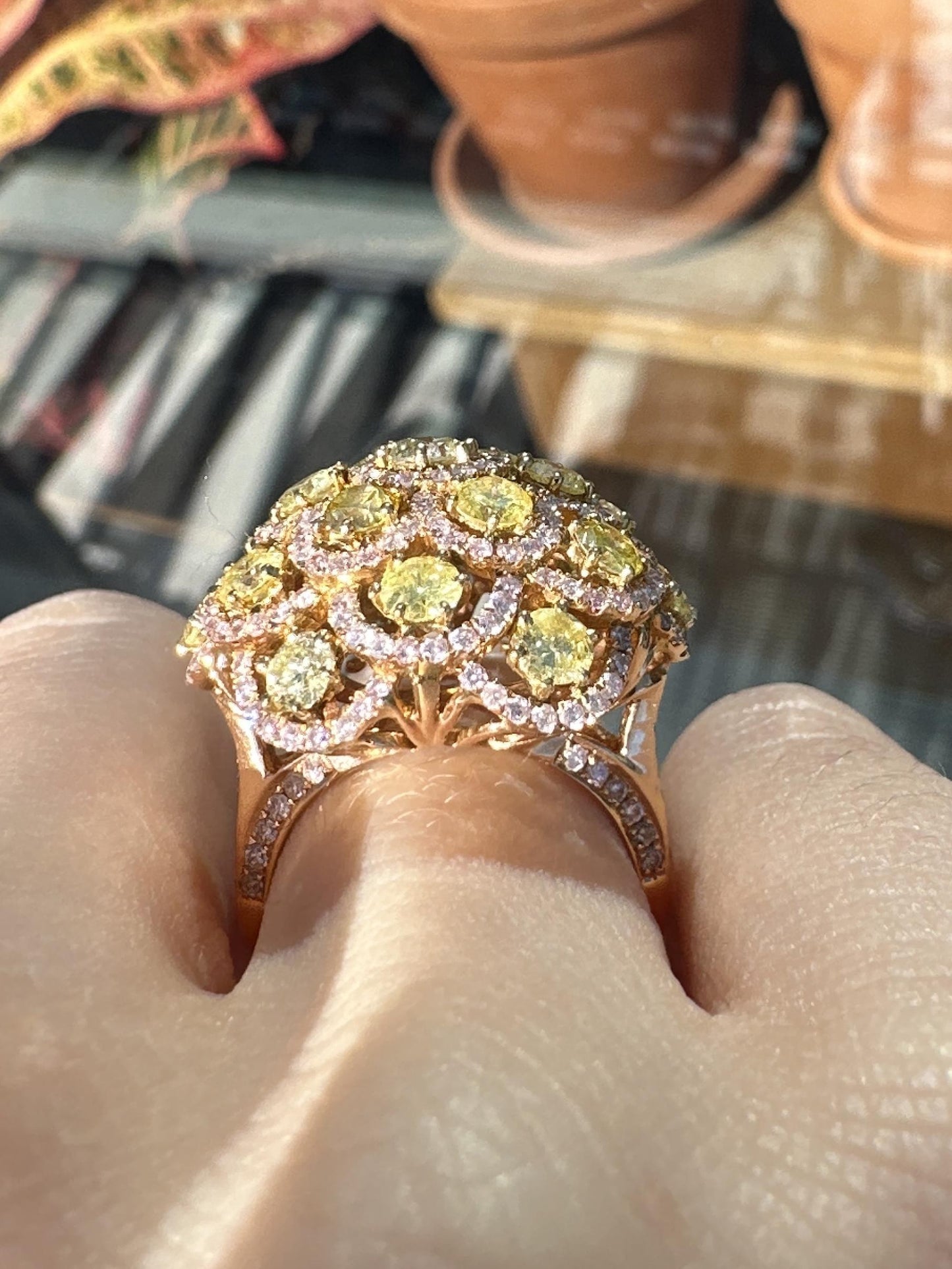 18K Rose Gold Pink and Yellow Diamond Dome Cocktail Ring - Size 6