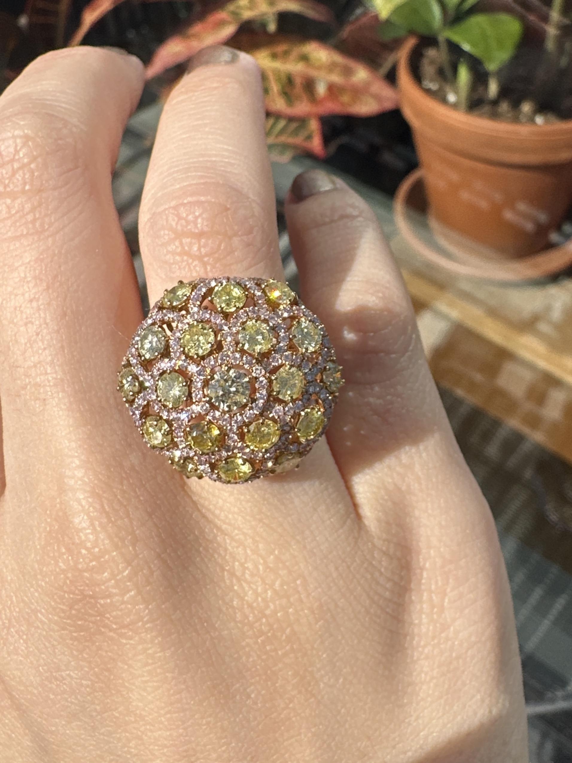 18K Rose Gold Pink and Yellow Diamond Dome Cocktail Ring - Size 6