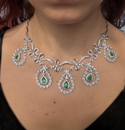 18K White Gold 4.18 Carat Pear Cut Emerald and Diamond Garland Festoon Necklace
