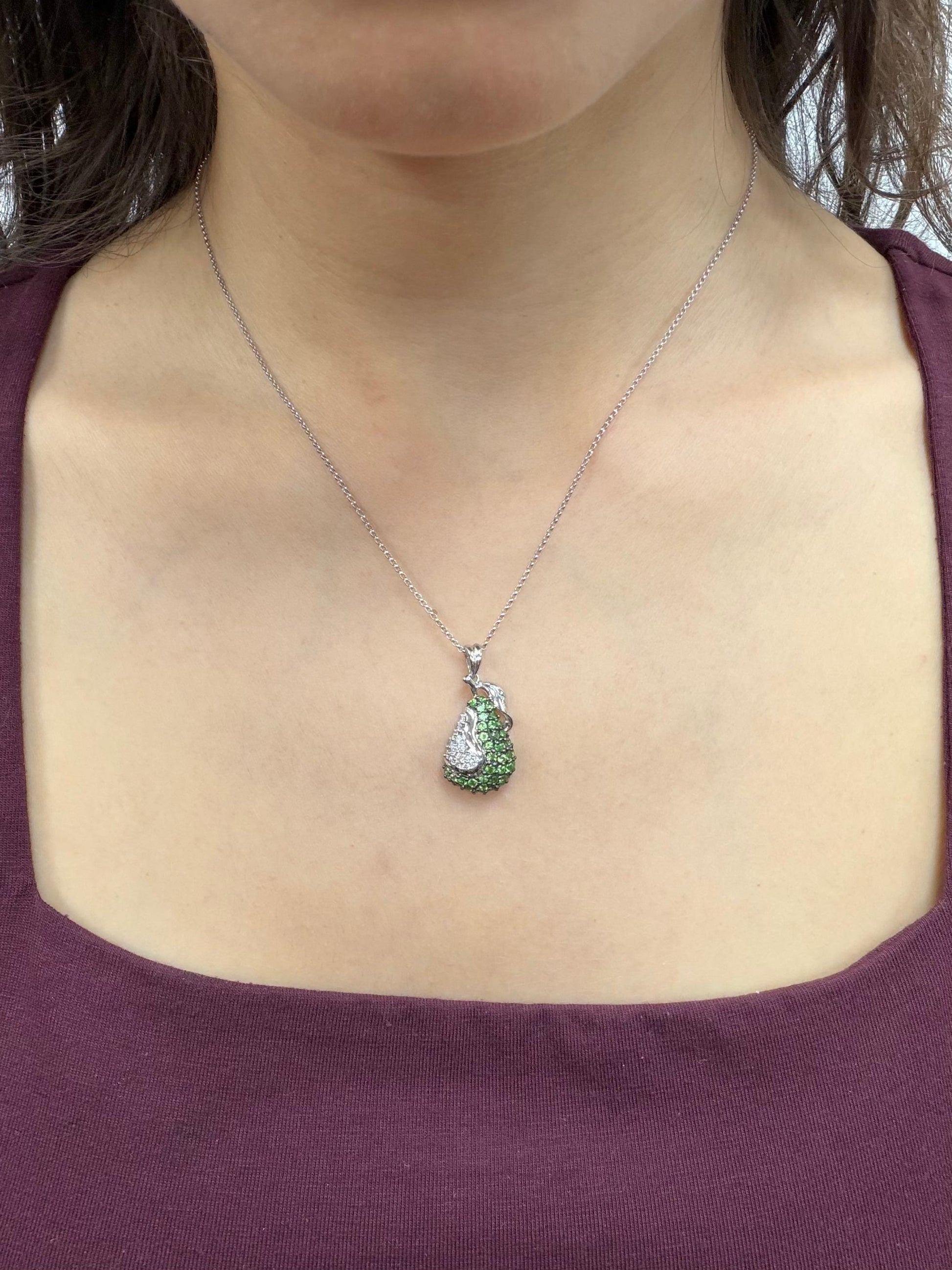 18K White Gold Diamond and Green Garnet Apple Pendant Necklace