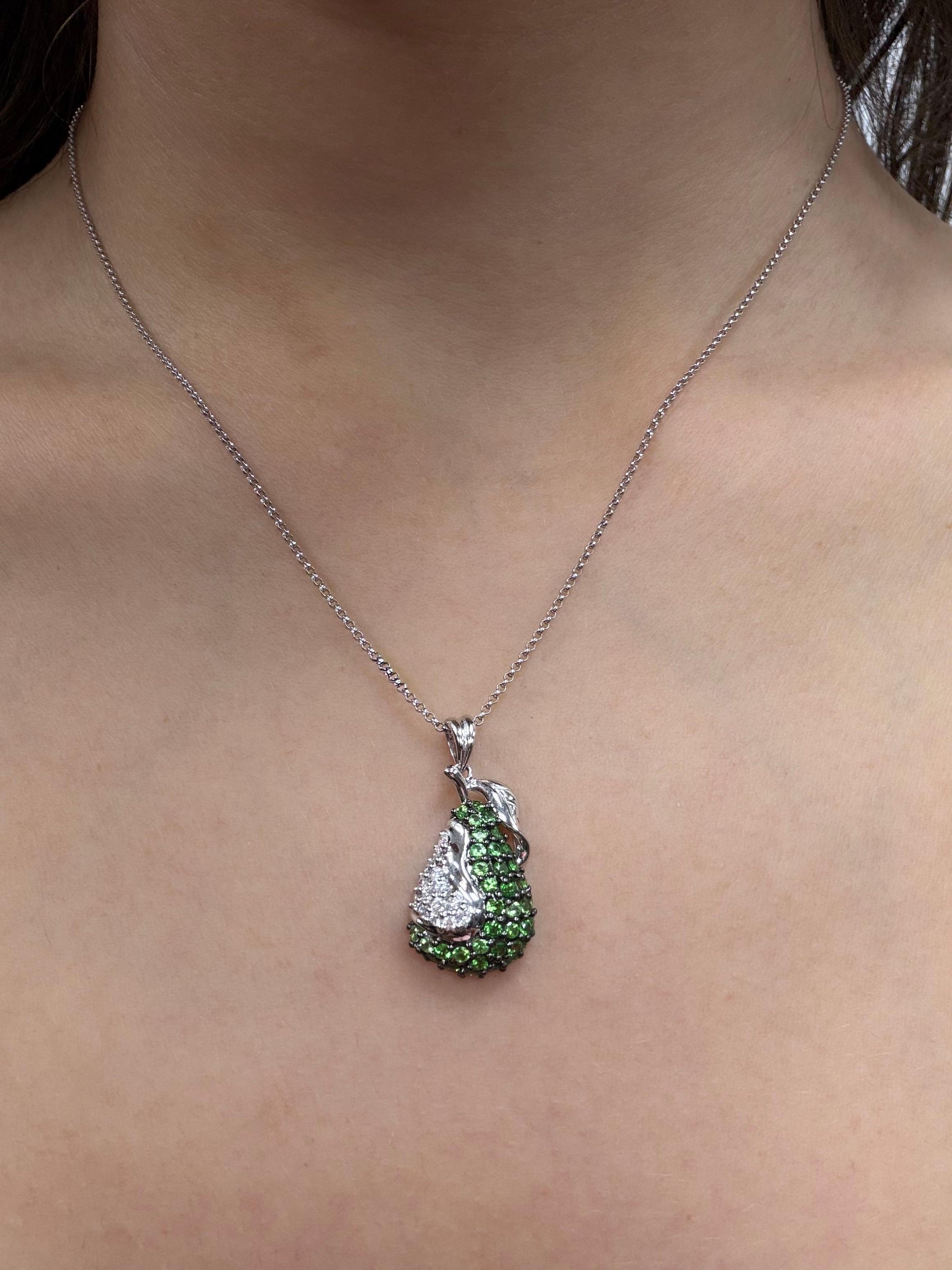 18K White Gold Diamond and Green Garnet Apple Pendant Necklace