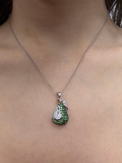 18K White Gold Diamond and Green Garnet Apple Pendant Necklace