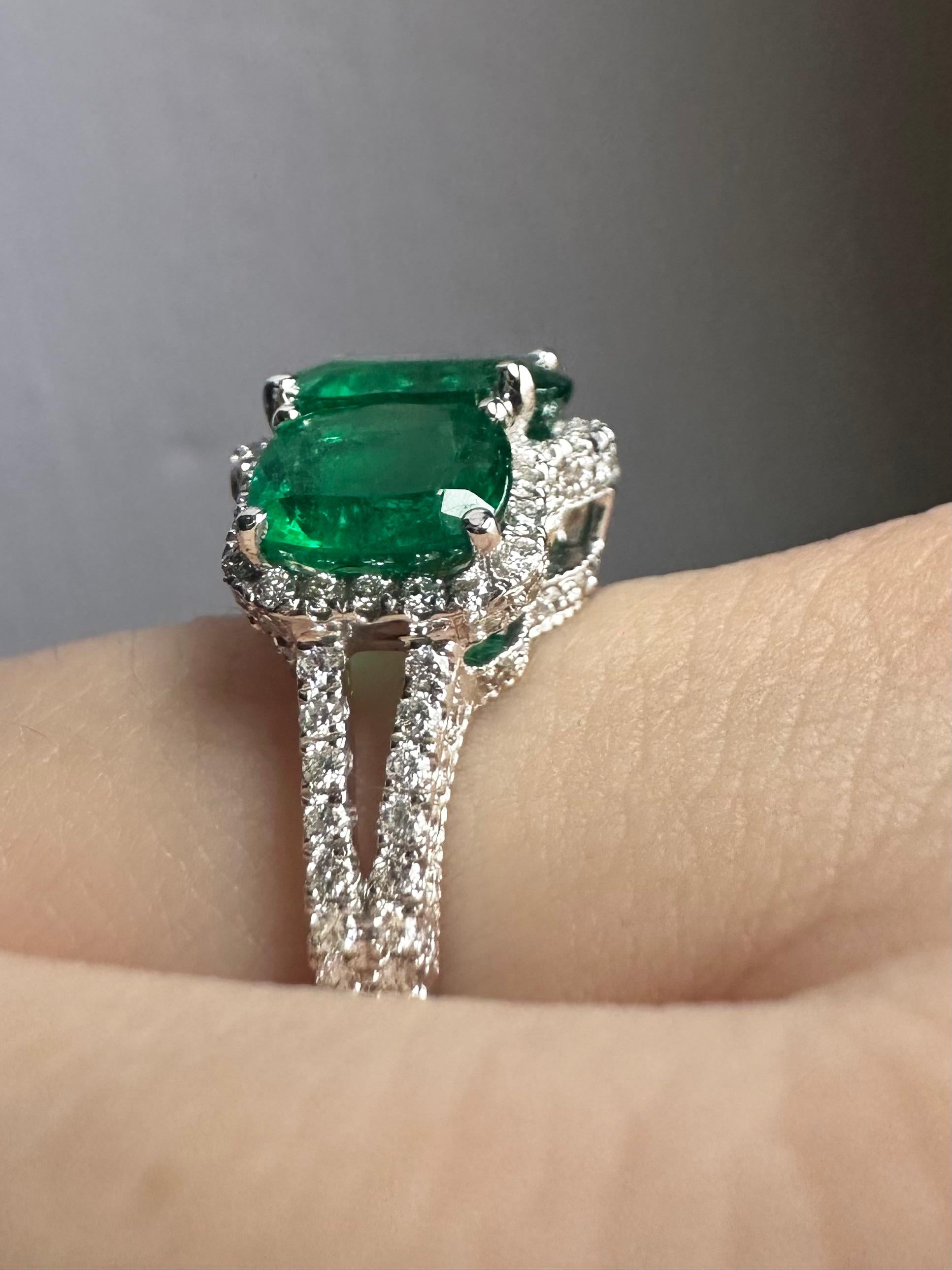 18K White Gold Diamond and Emerald Three Stone Ring