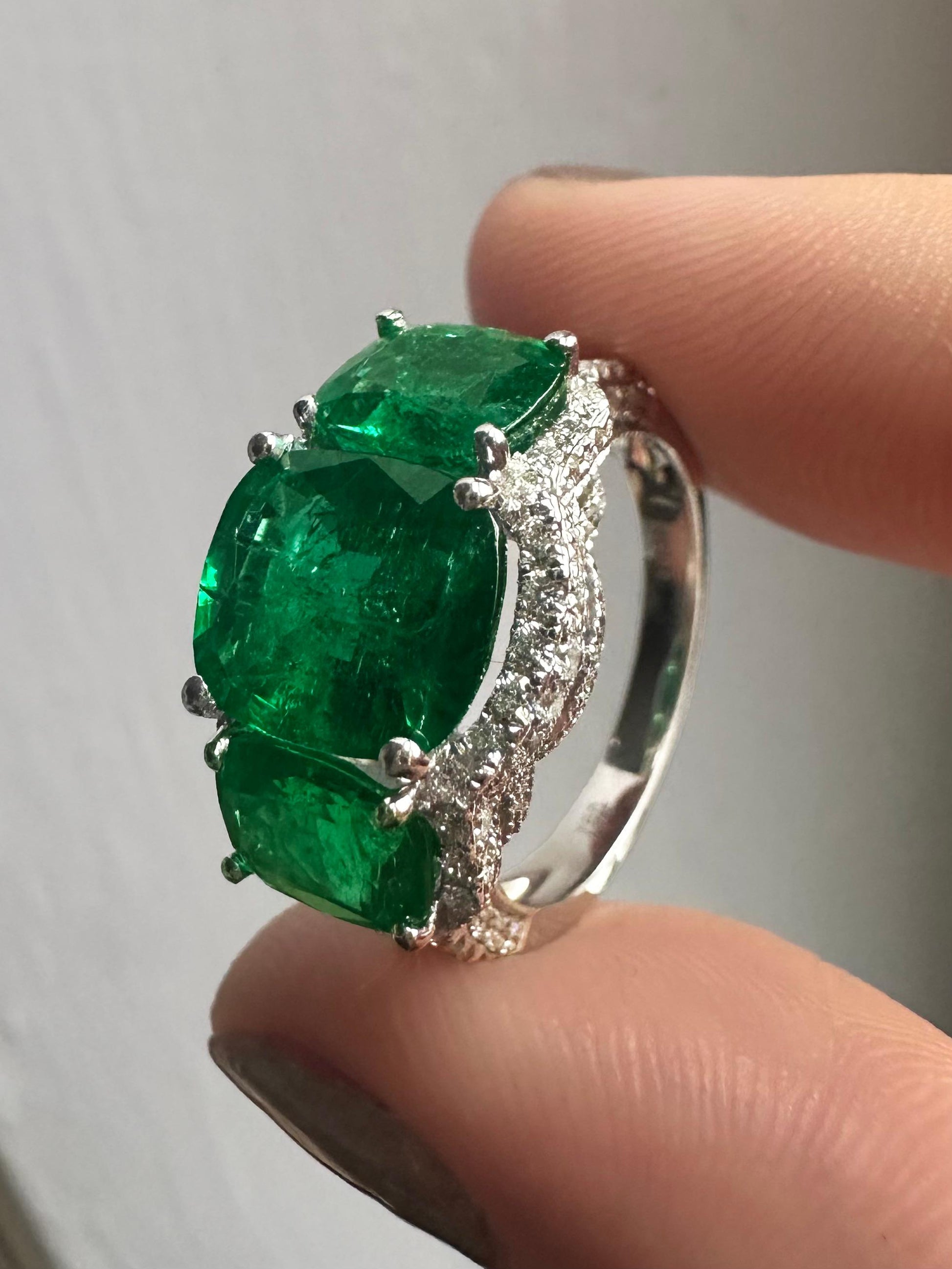 18K White Gold Diamond and Emerald Three Stone Ring