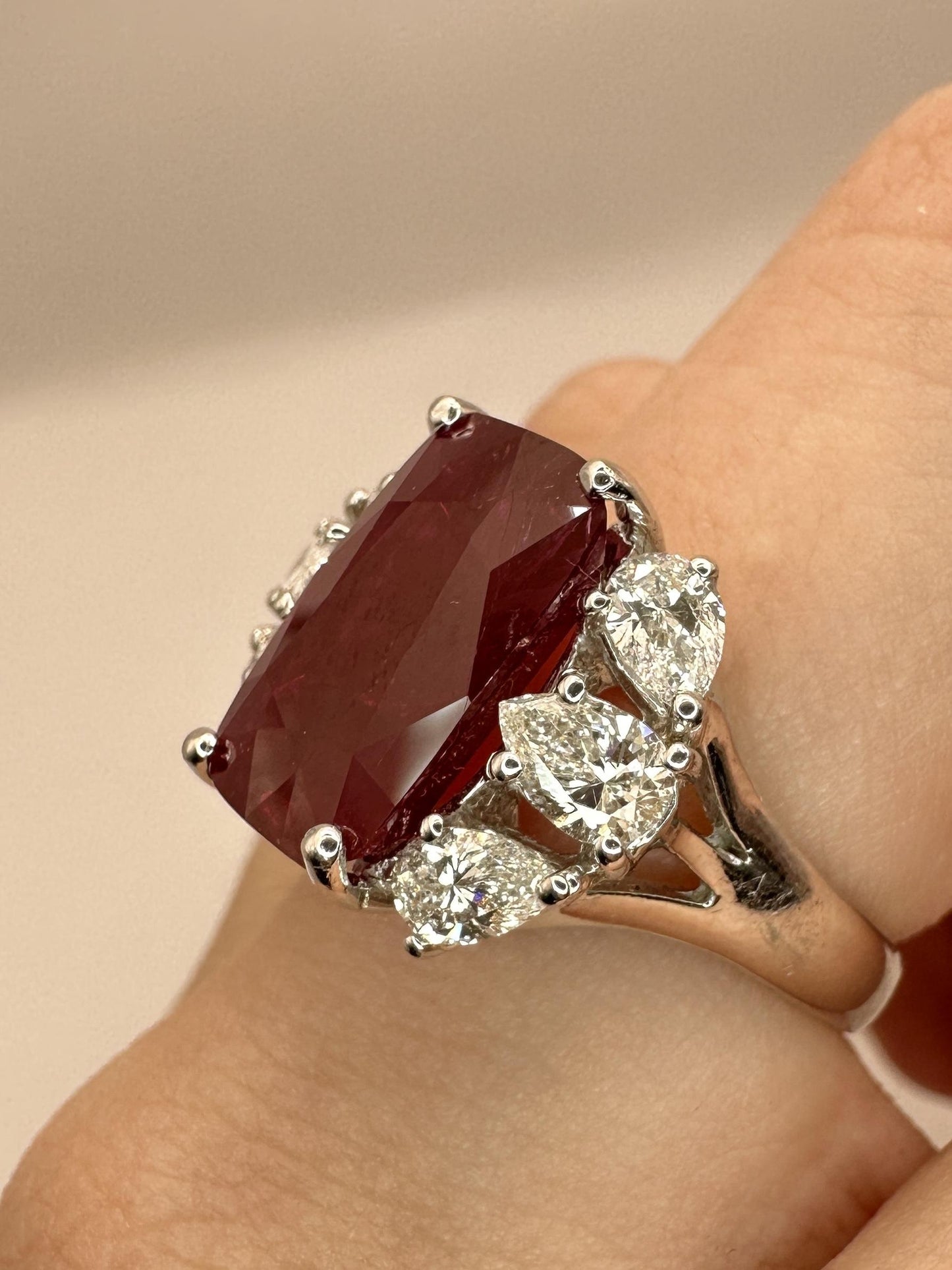 18K White Gold 6.55 Carat Ruby and Pear Cut Diamond Ring - Size 6.25