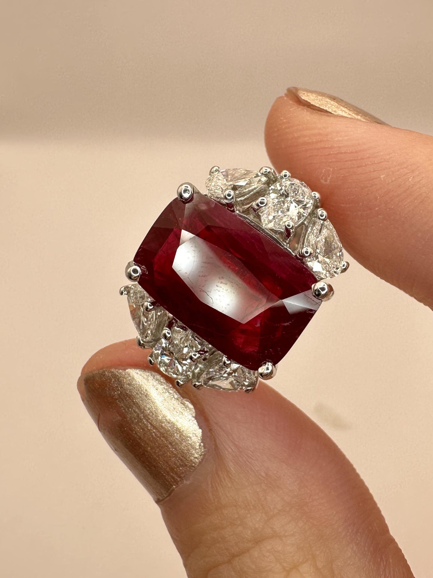 18K White Gold 6.55 Carat Ruby and Pear Cut Diamond Ring - Size 6.25