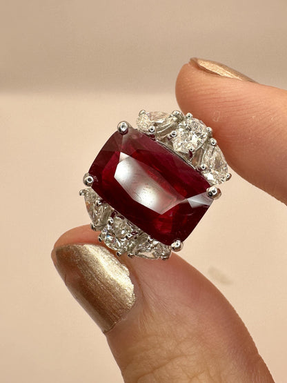 18K White Gold 6.55 Carat Ruby and Pear Cut Diamond Ring - Size 6.25