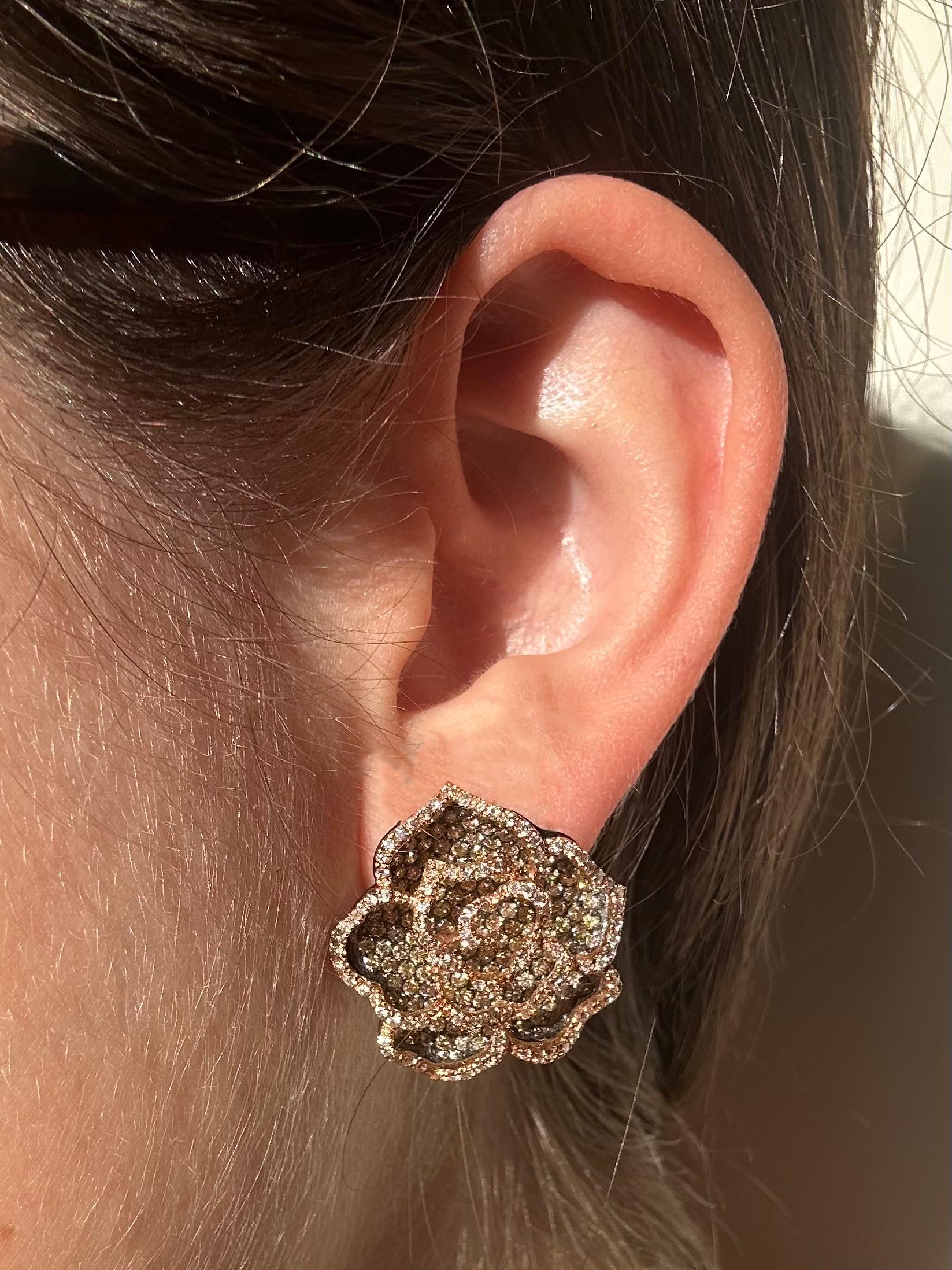 Enchanting 18K Orange and White Diamond Flower Earrings