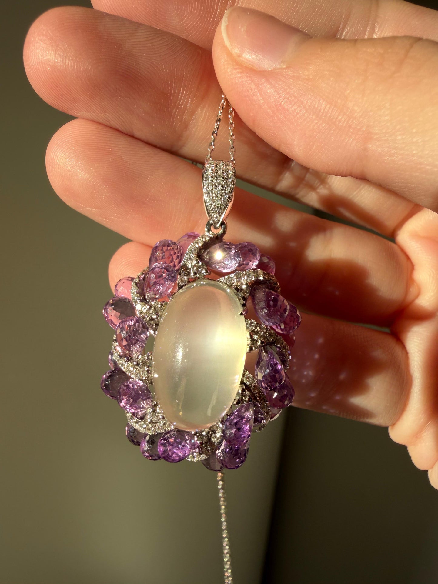 18k White Gold Diamond, Briolette Amethyst and Moonstone Pendant Necklace