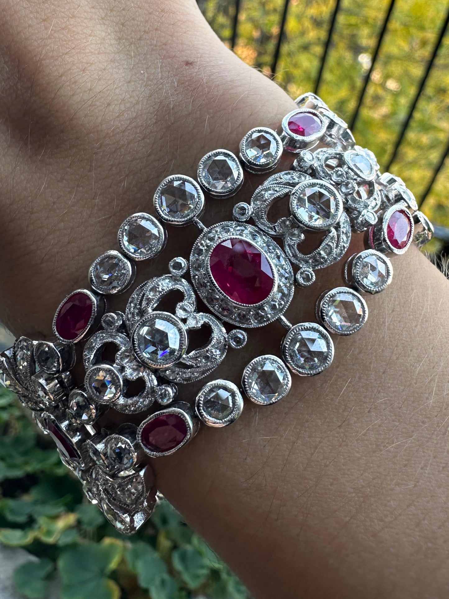 18K White Gold Rose Cut Diamond and Ruby Bracelet