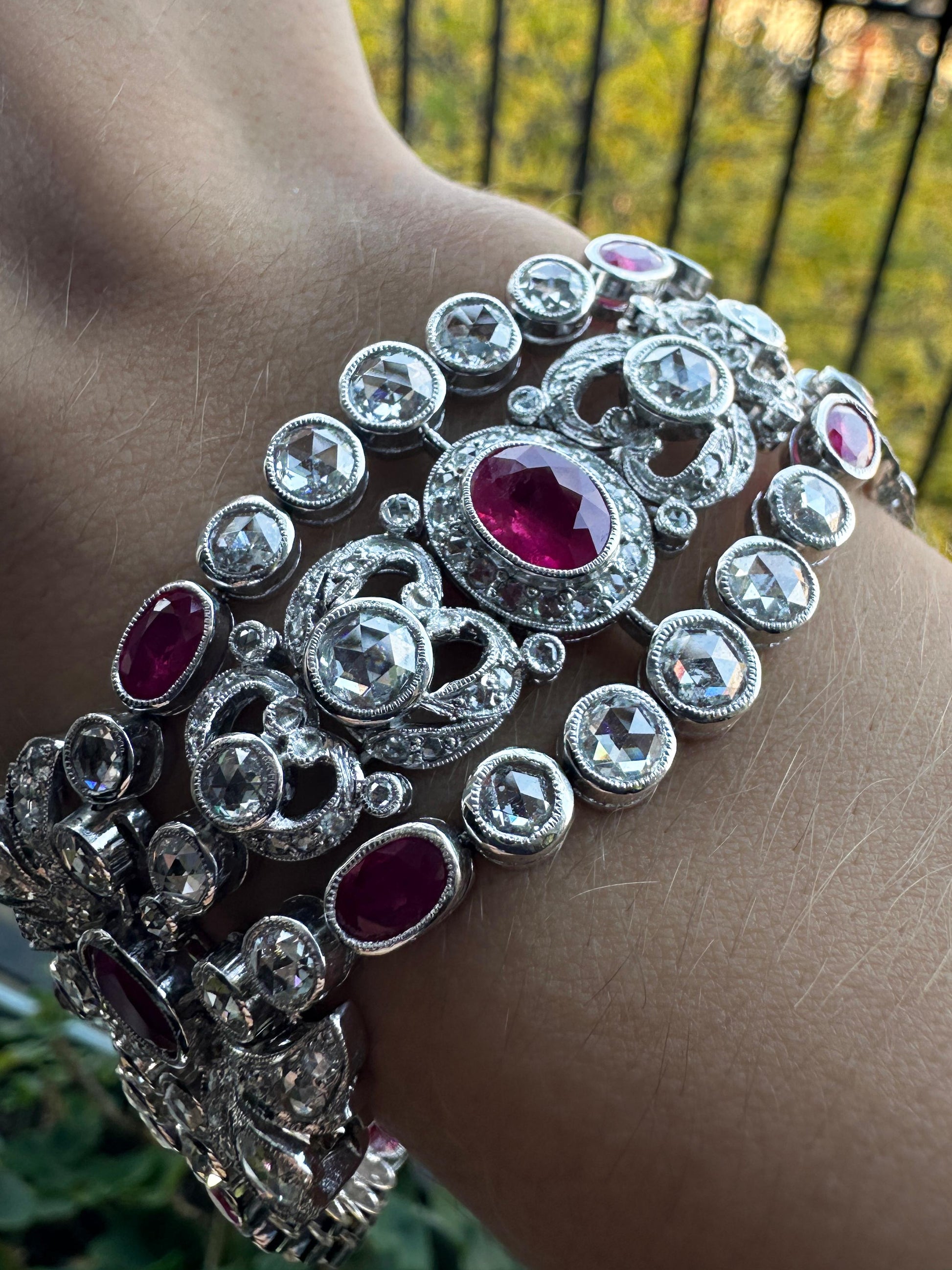 18K White Gold Rose Cut Diamond and Ruby Bracelet