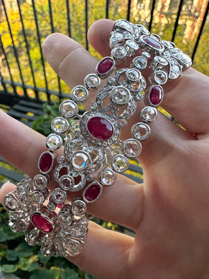 18K White Gold Rose Cut Diamond and Ruby Bracelet