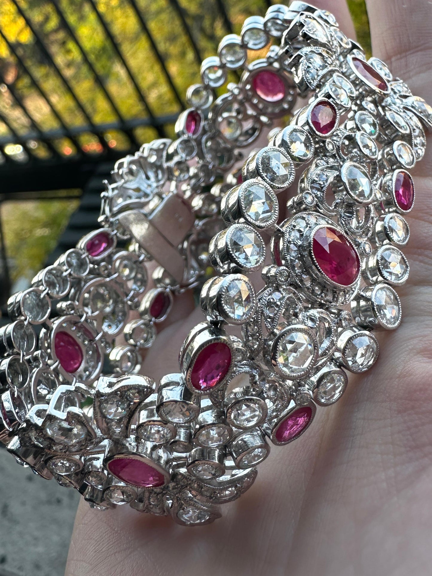 18K White Gold Rose Cut Diamond and Ruby Bracelet