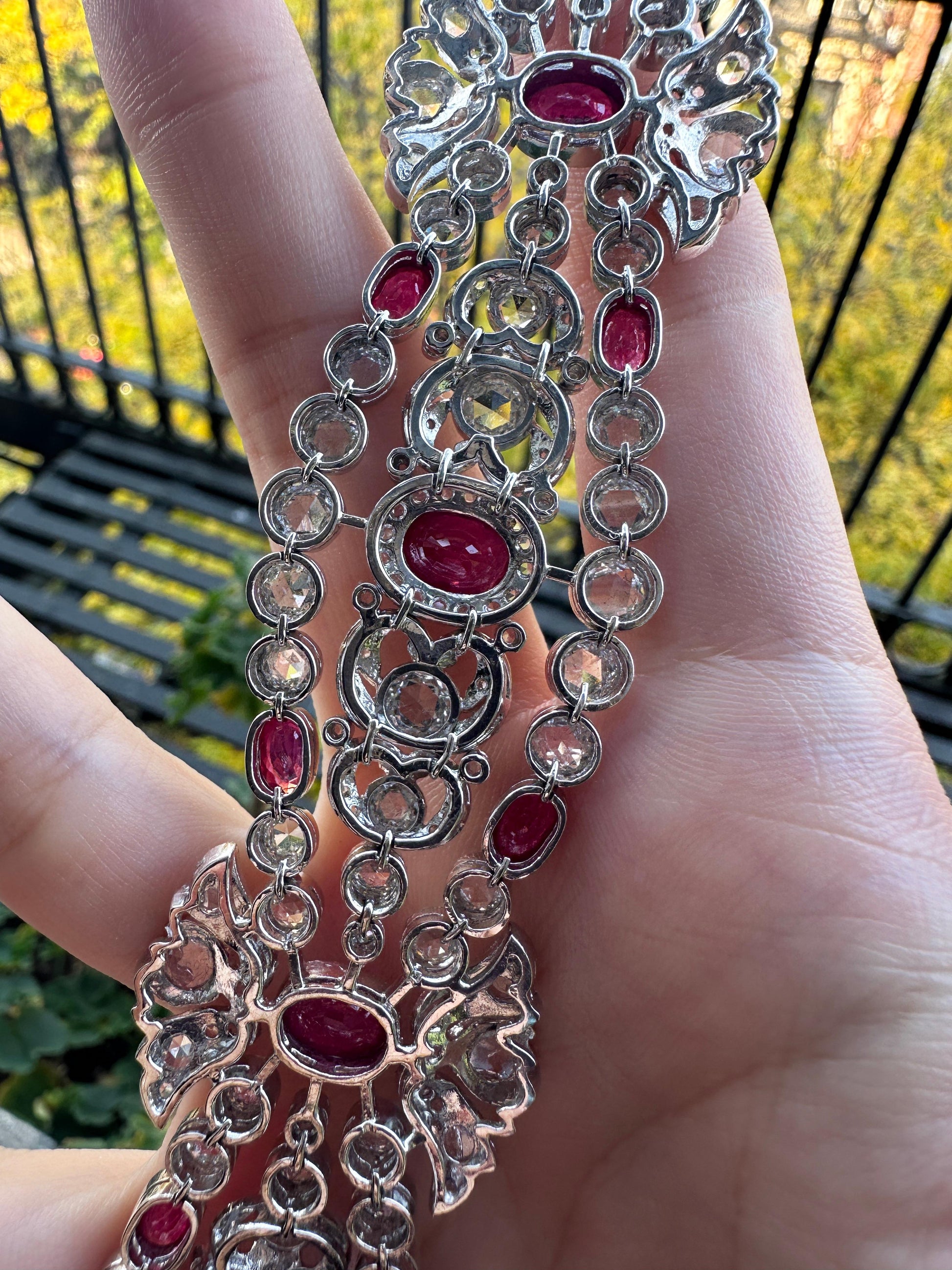 18K White Gold Rose Cut Diamond and Ruby Bracelet