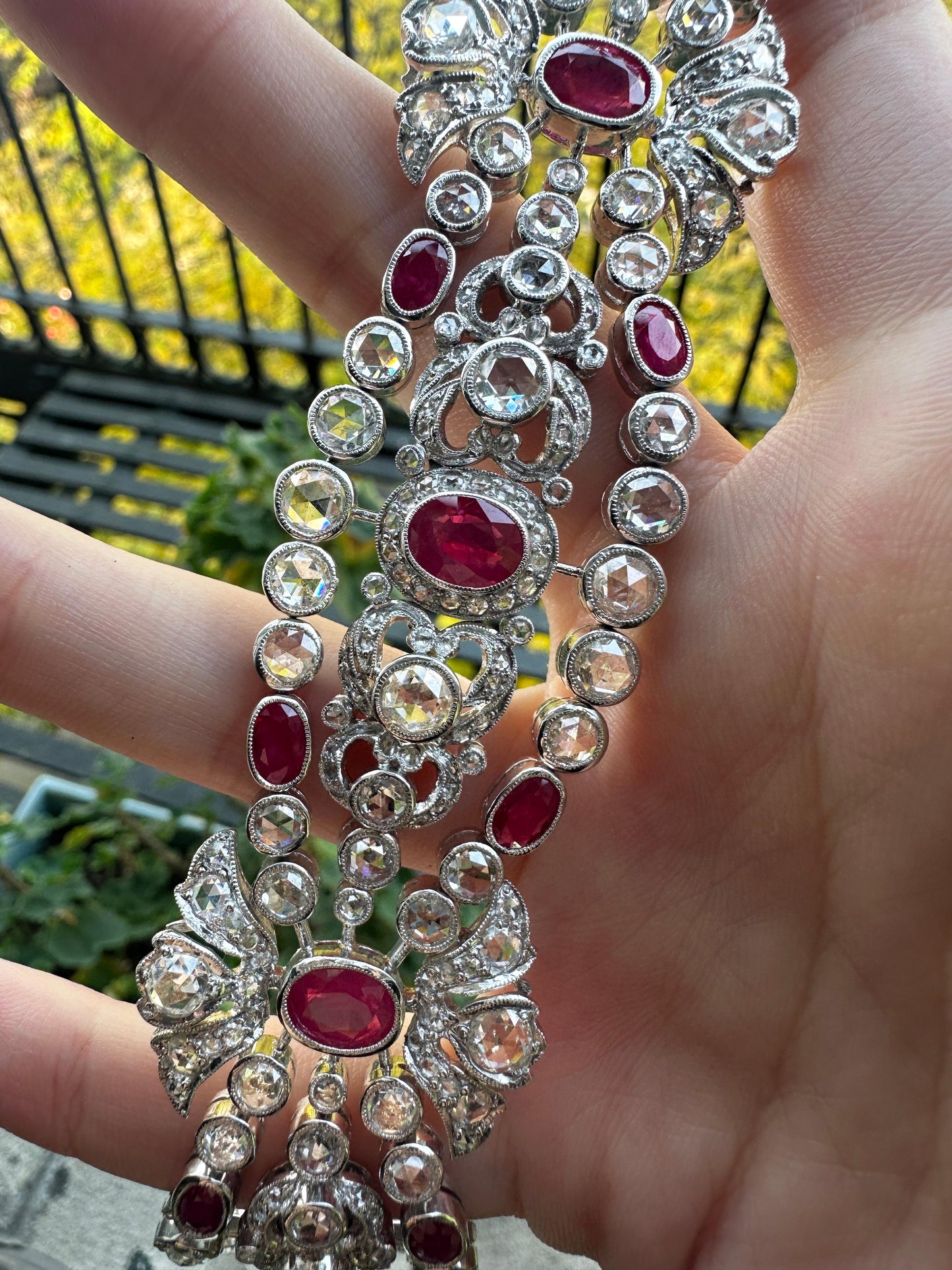 18K White Gold Rose Cut Diamond and Ruby Bracelet