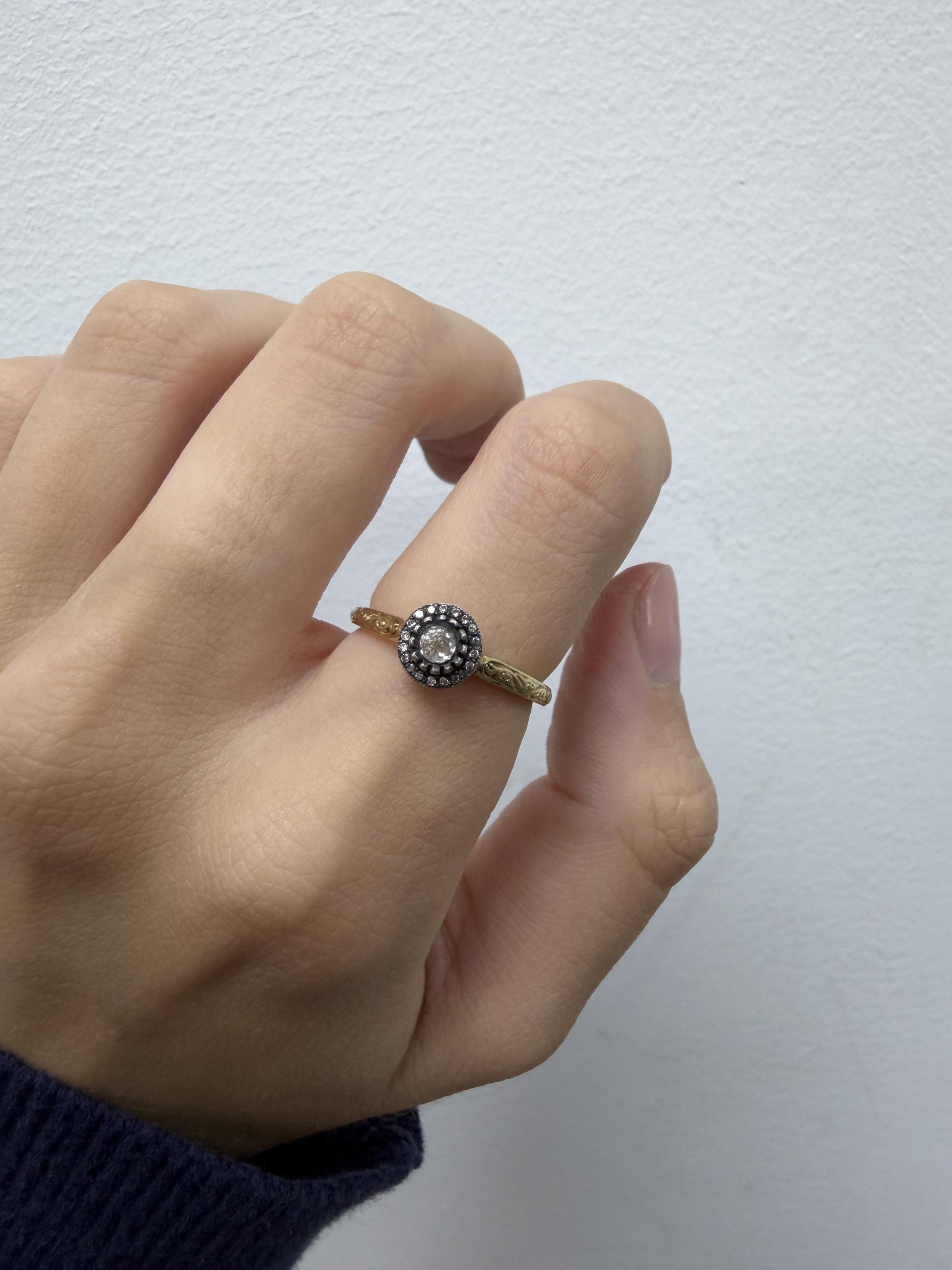 18K Yellow Gold With Silver Top .14 Carat Rose Cut Diamond Ring - Size 7