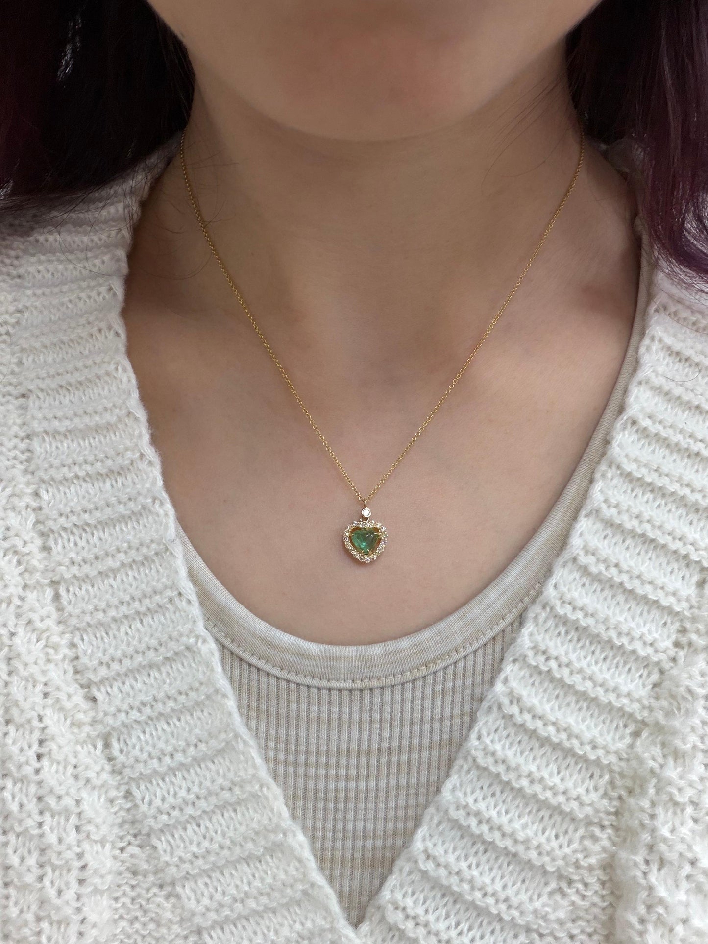 18K Yellow Gold .89 Carat Emerald and Diamond Heart Pendant Necklace
