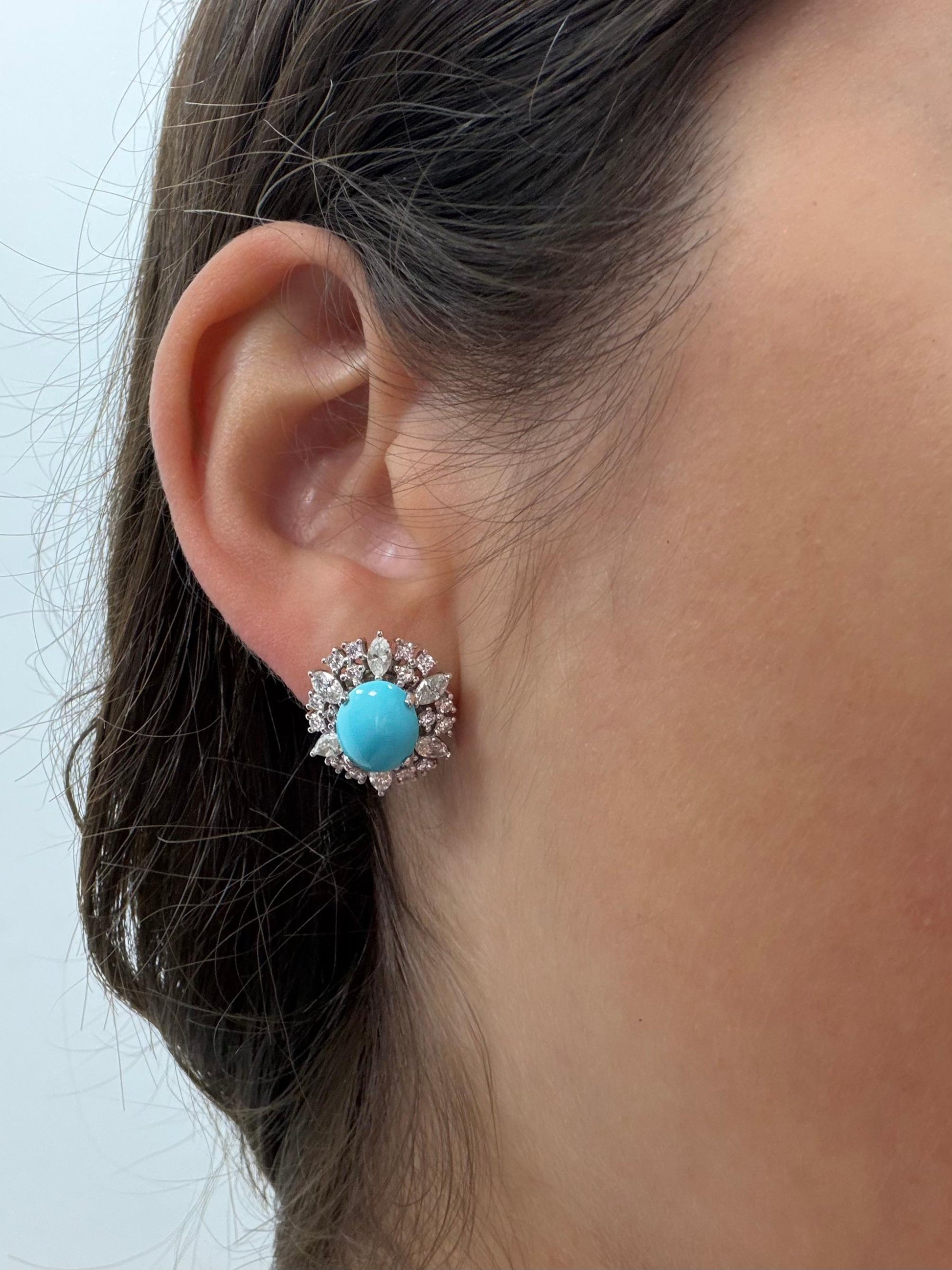 Platinum Marquise Cut 1.75 carat Diamond and Oval Turquoise Halo Stud Earrings