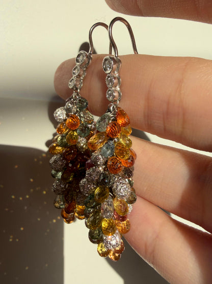 18k White Gold Diamond and Multi Color Sapphire Briolette Earrings