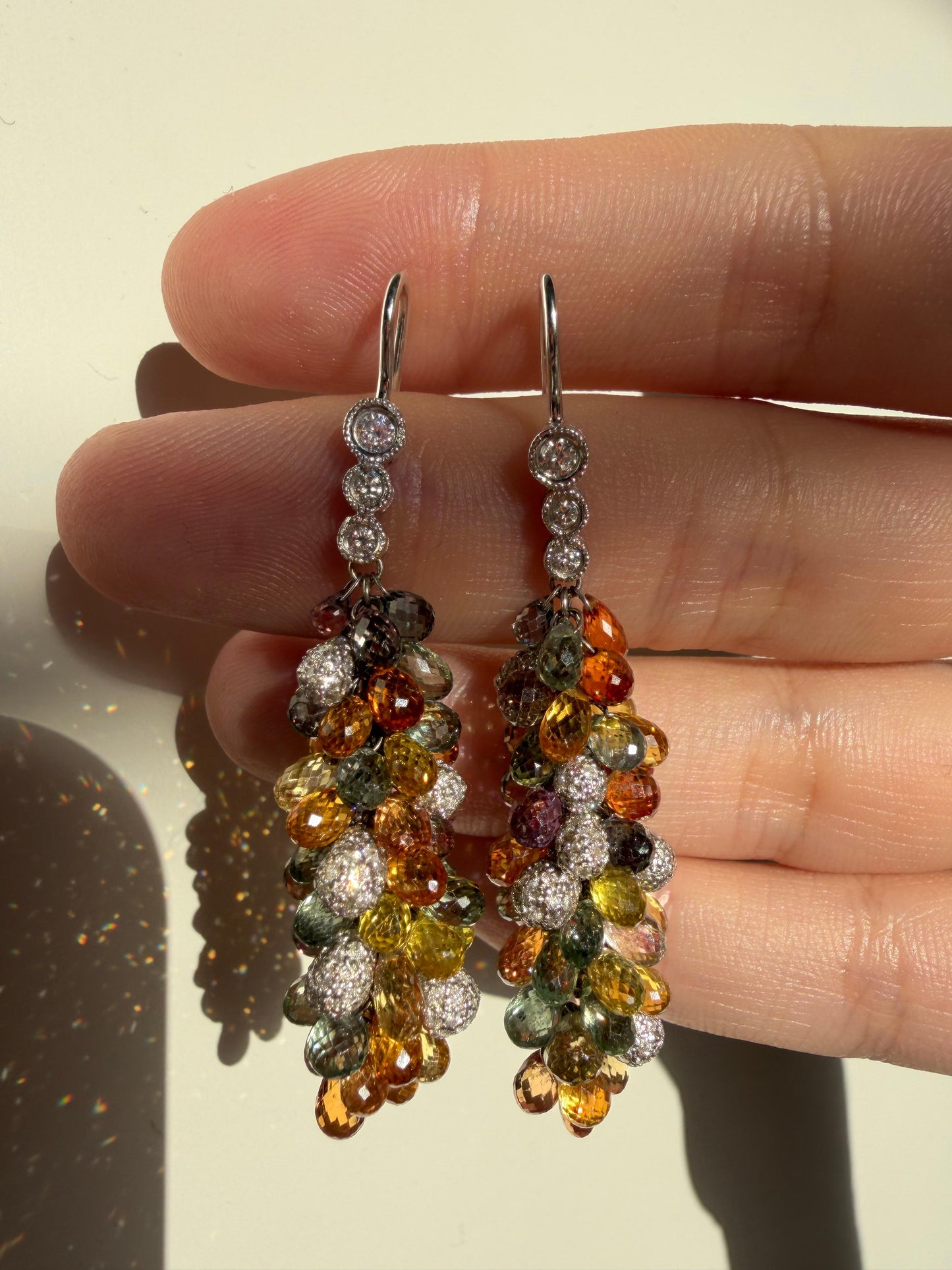 18k White Gold Diamond and Multi Color Sapphire Briolette Earrings