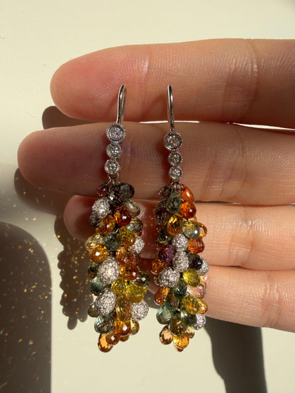 18k White Gold Diamond and Multi Color Sapphire Briolette Earrings