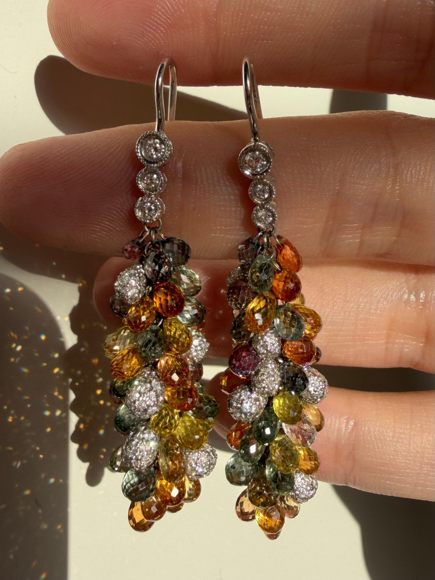 18k White Gold Diamond and Multi Color Sapphire Briolette Earrings