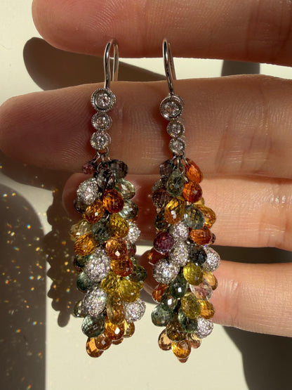 18k White Gold Diamond and Multi Color Sapphire Briolette Earrings