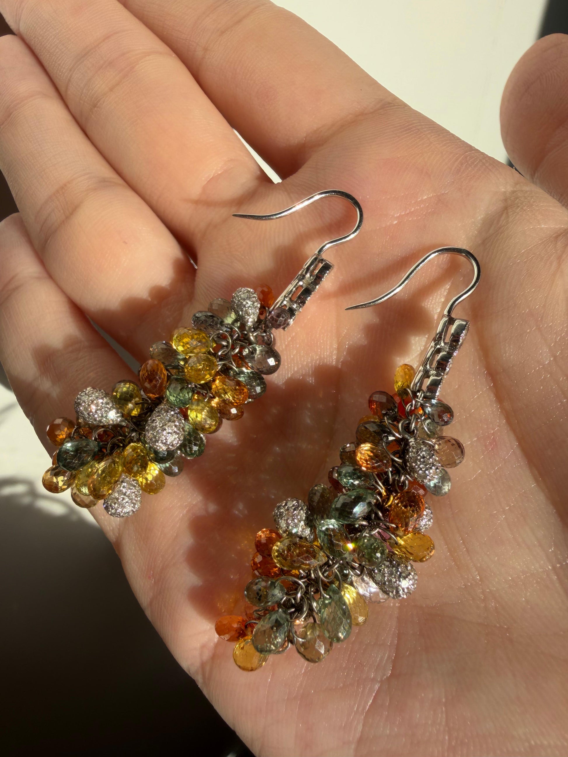 18k White Gold Diamond and Multi Color Sapphire Briolette Earrings