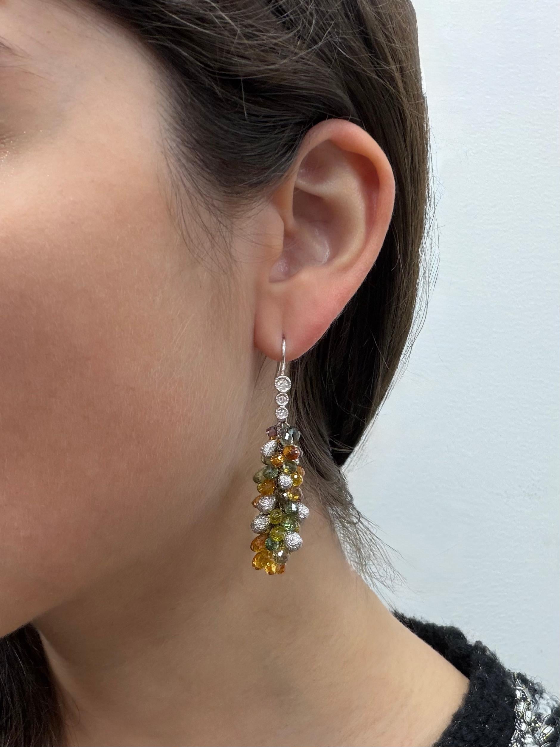18k White Gold Diamond and Multi Color Sapphire Briolette Earrings