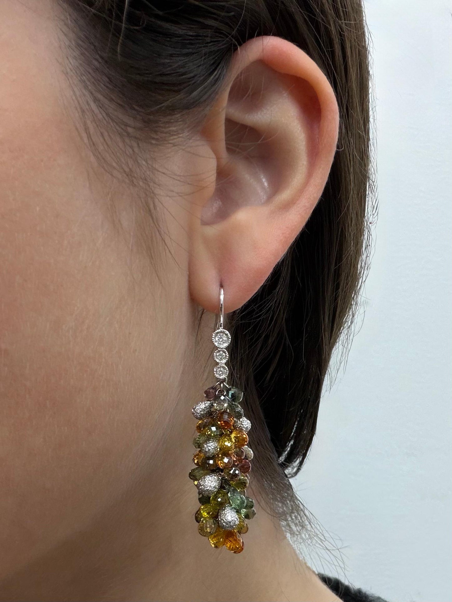 18k White Gold Diamond and Multi Color Sapphire Briolette Earrings