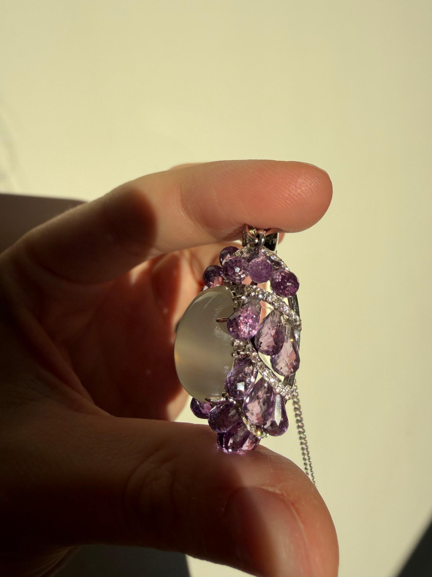 18k White Gold Diamond, Briolette Amethyst and Moonstone Pendant Necklace