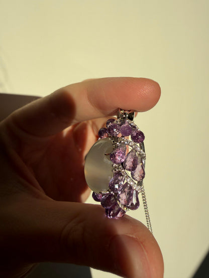 18k White Gold Diamond, Briolette Amethyst and Moonstone Pendant Necklace